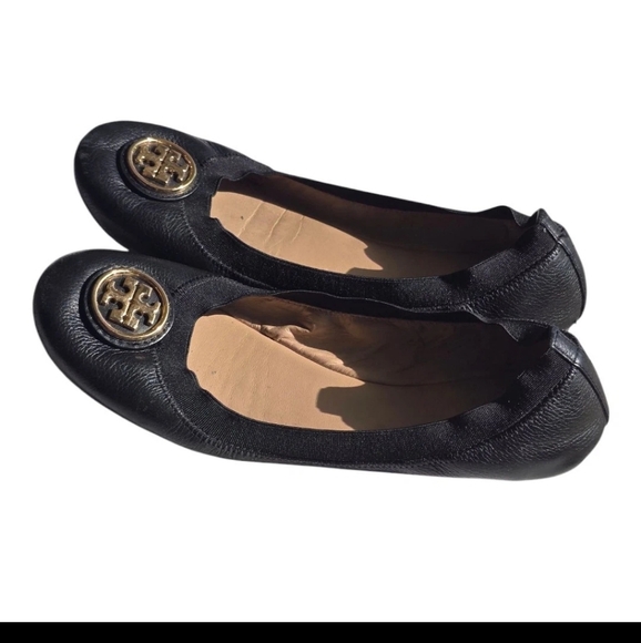 Tory Burch Caroline Black Leather Elastic Trim Ballet Flats Size 8M Medallion - Picture 5 of 11